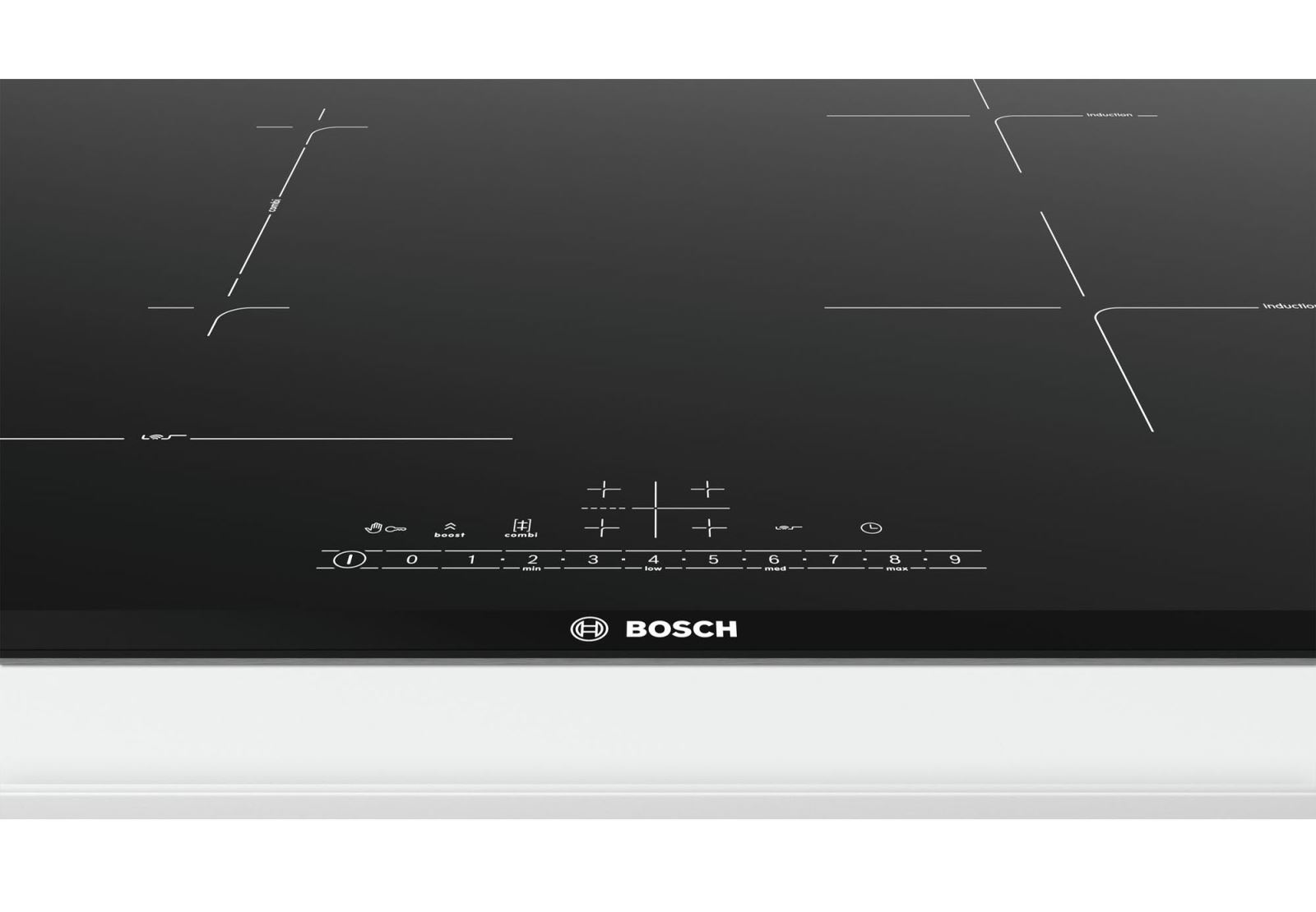 Bếp từ Bosch PVS775FC5E được thiết kế với viền nhôm bao quát bếp chắc chắn