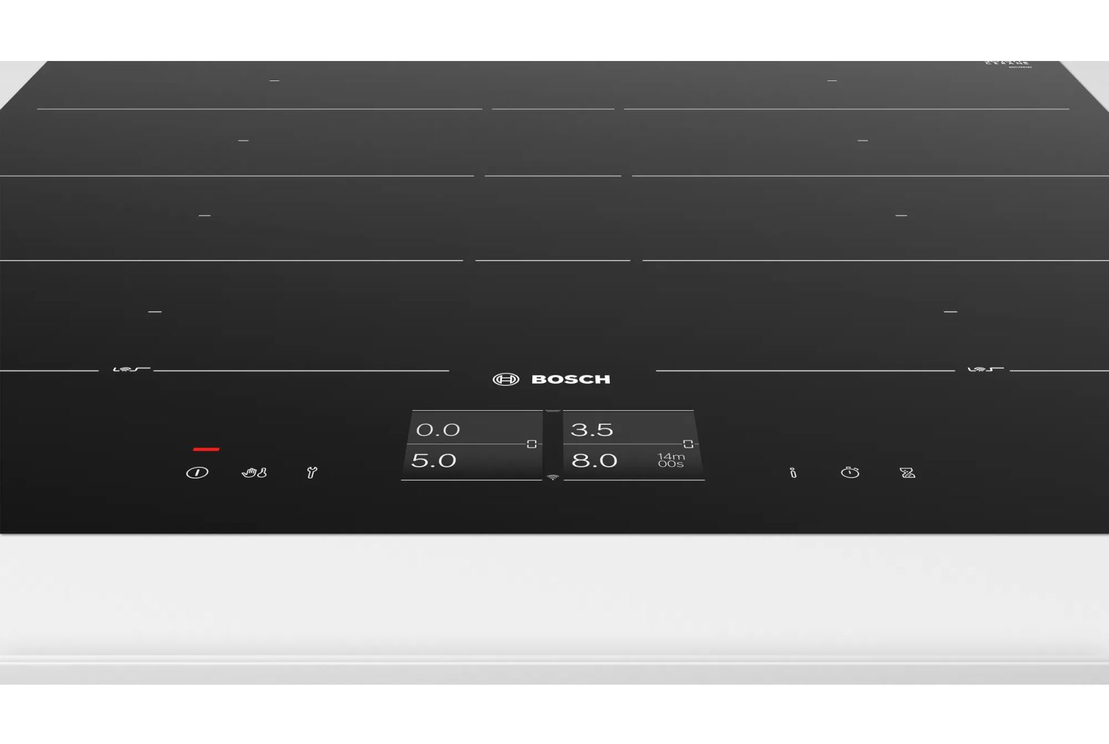 Bếp từ Bosch Serie 4 PXY601JW1E có thiết kế góc bo tròn mềm mại, bề mặt bếp sáng bóng
