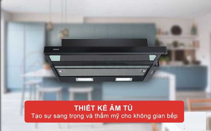 Máy hút mùi Bosch DFT63CA61B được thiết kế âm tủ tinh tế cùng mặt kính màu đen mỏng