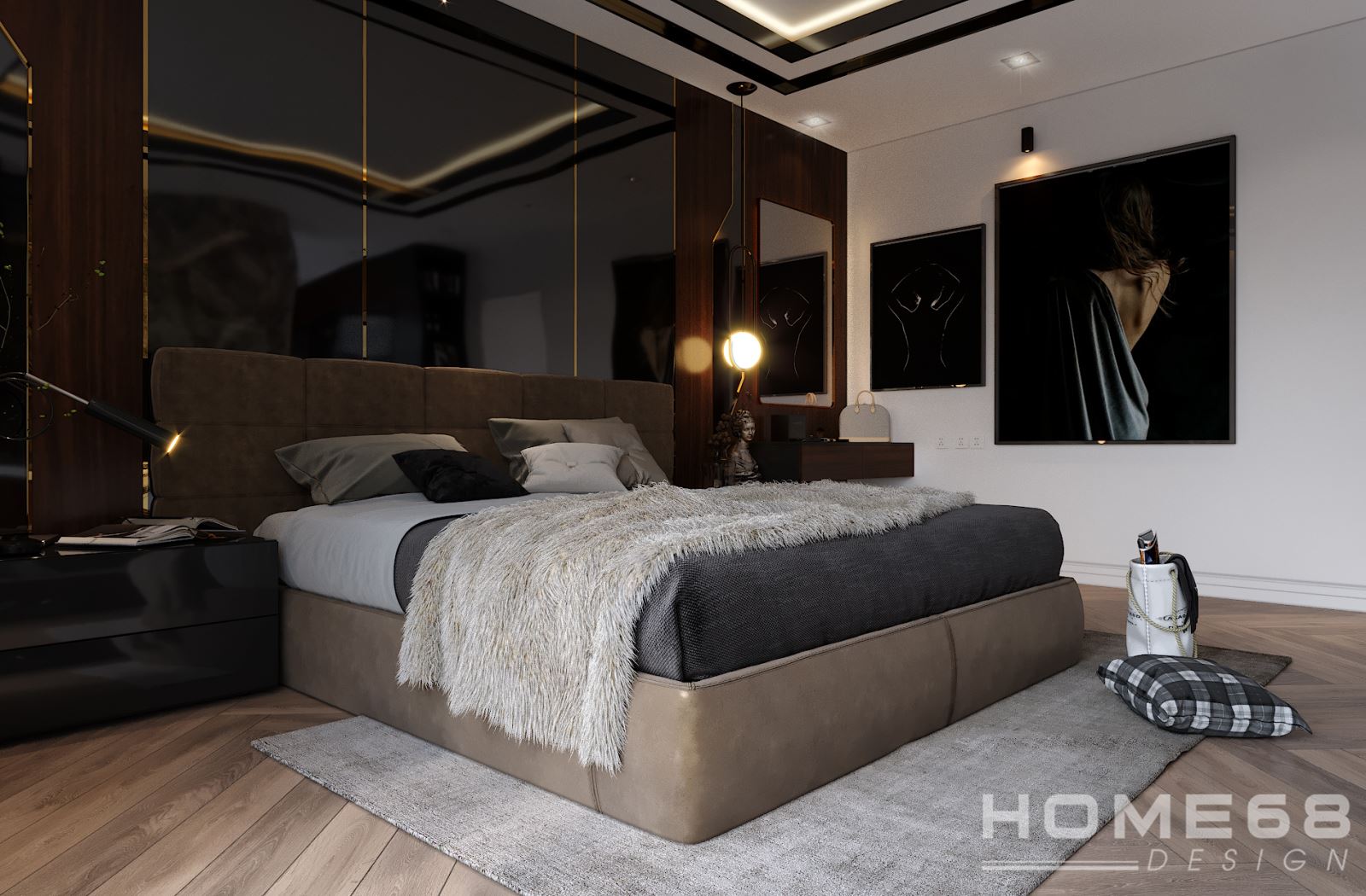 Tường kính cường lực đen tạo điểm nhấn cho cả căn phòng
