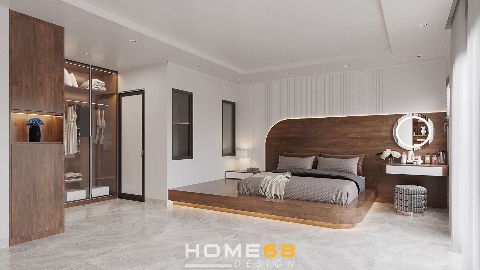 Tham khảo mẫu thiết kế nội thất phòng ngủ hiện đại với chất liệu gỗ óc chó độc đáo