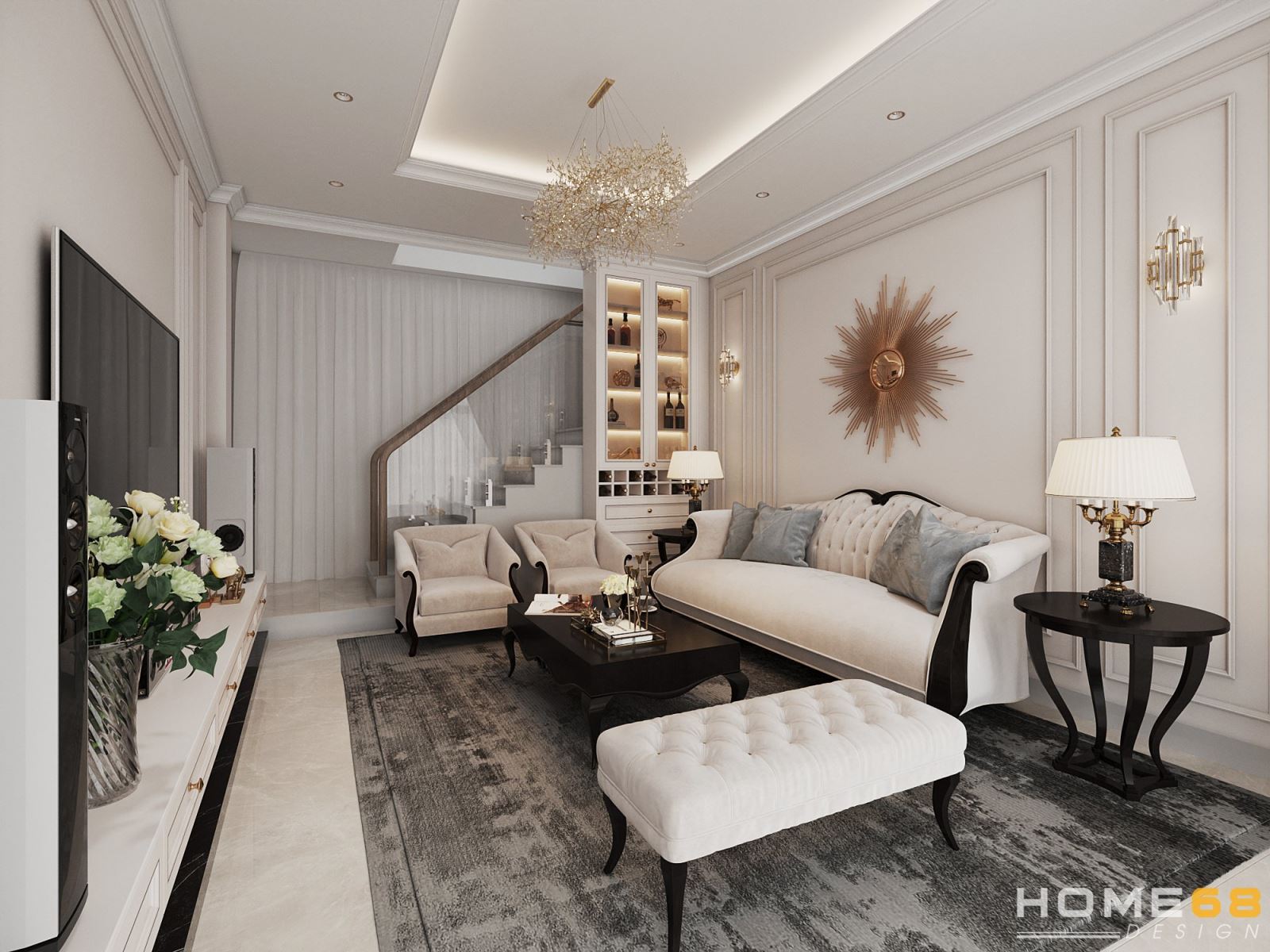 Phòng khách nhà phố tân cổ luxury nổi bật, thanh lịch với gam màu trắng sữa