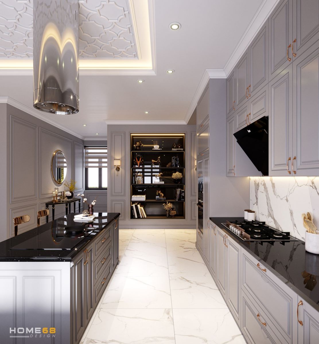 Hệ thống tủ bếp, tủ kệ đồng nhất tạo nên không gian tinh tế, thanh lịch- HOME68