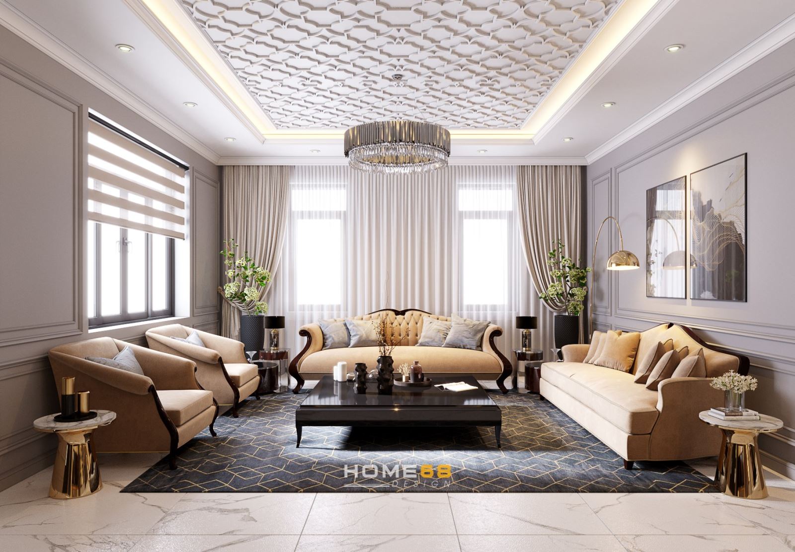Thiết kế nội thất phòng khách tân cổ điển sang trọng, độc đáo- HOME68