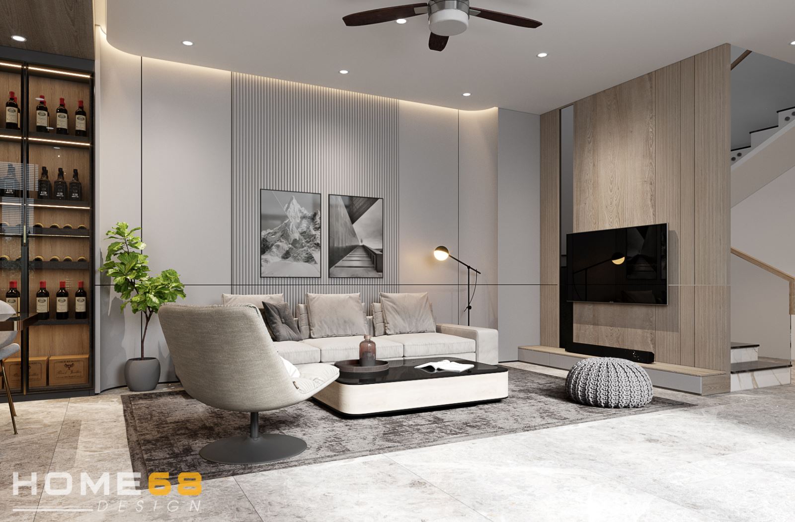 Thiết kế nội thất phòng khách liền bếp hiện đại, sang trọng- CĐT chị Linh tại Hàng Kênh, Hải Phòng
