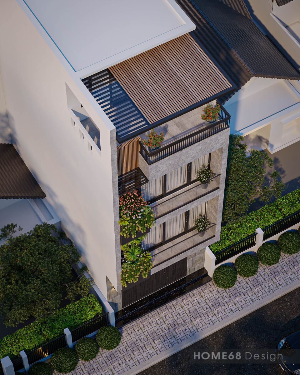 Tổng thể ngôi nhà hiện đại 4 tầng khi nhìn từ trên cao