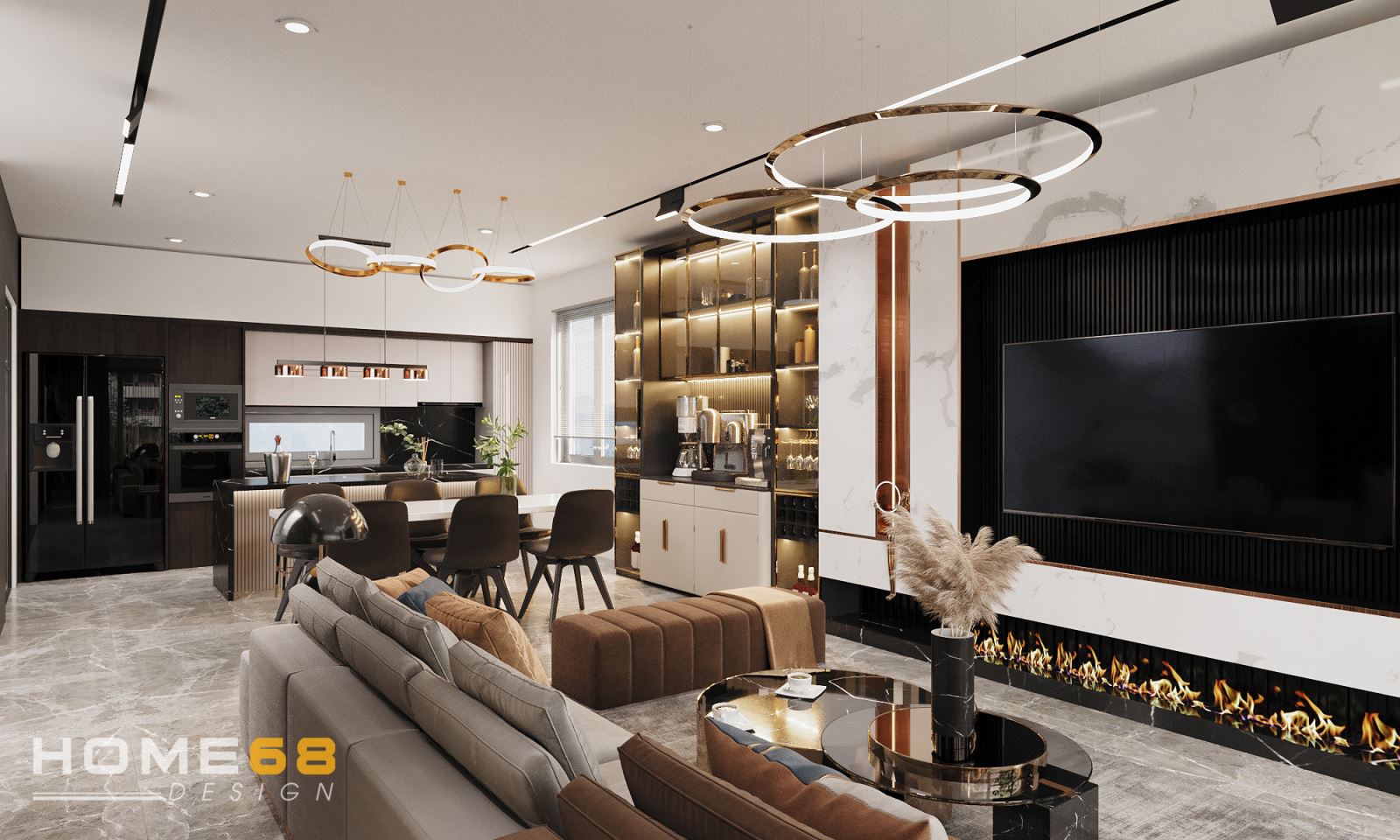Thiết kế nội thất phòng khách liên thông bếp hiện đại, ấm cúng- HOME68