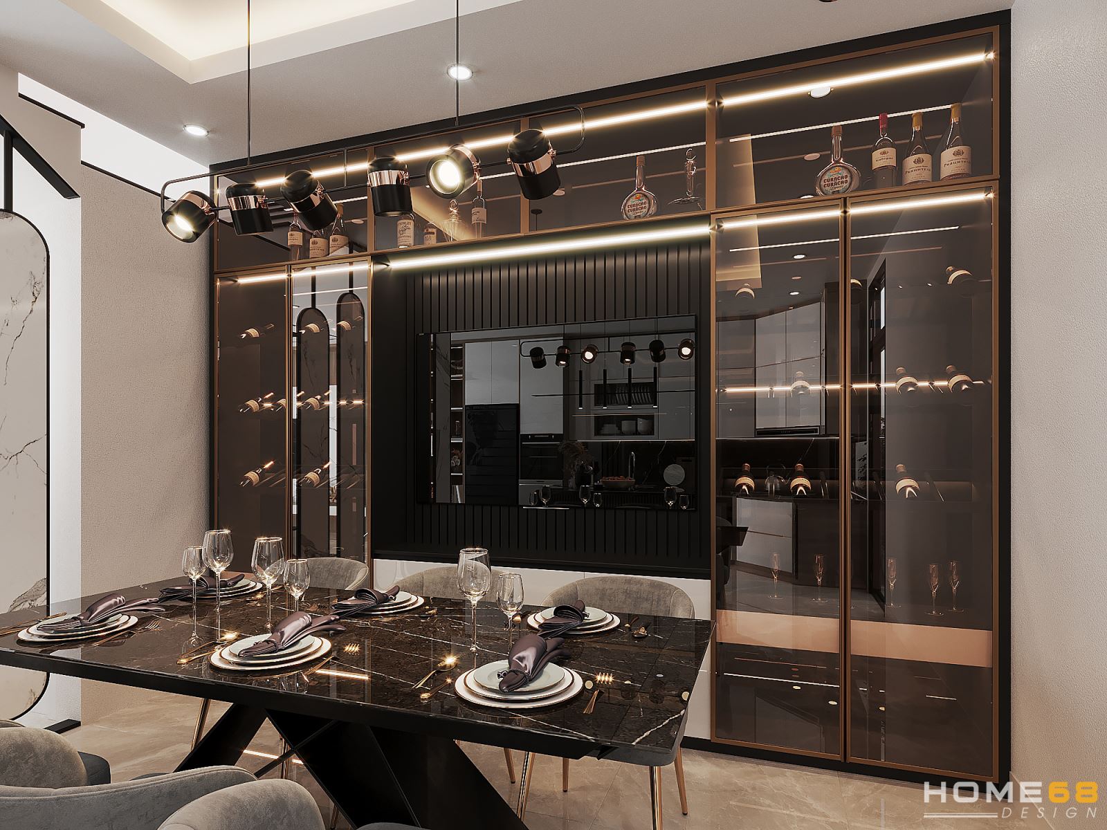 Phòng bếp với tone màu trắng đen đối lập đầy cuốn hút, hiện đại- HOME68