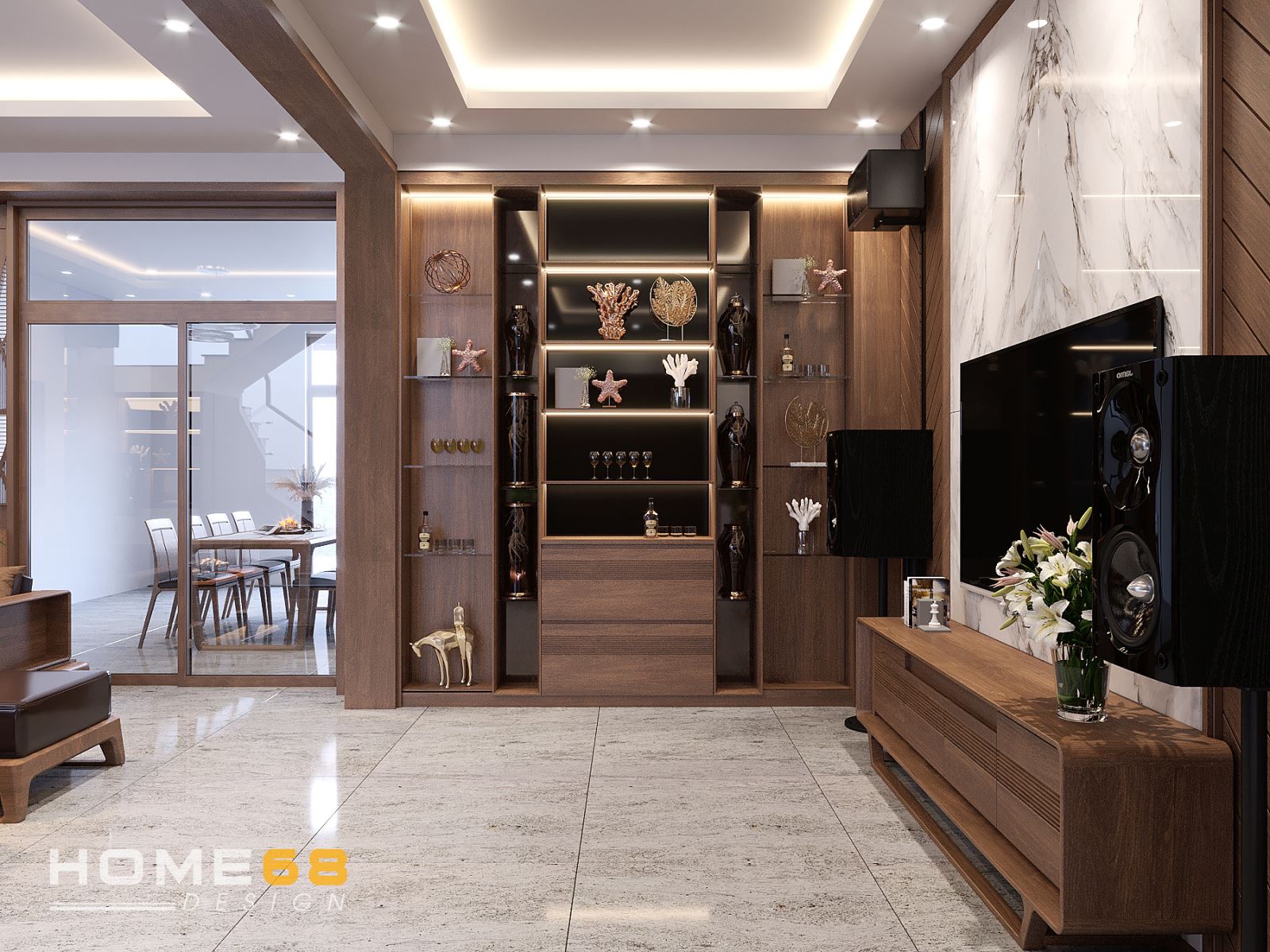 Phòng khách với nội thất gỗ sang trọng, hiện đại thiết kế bởi HOME68