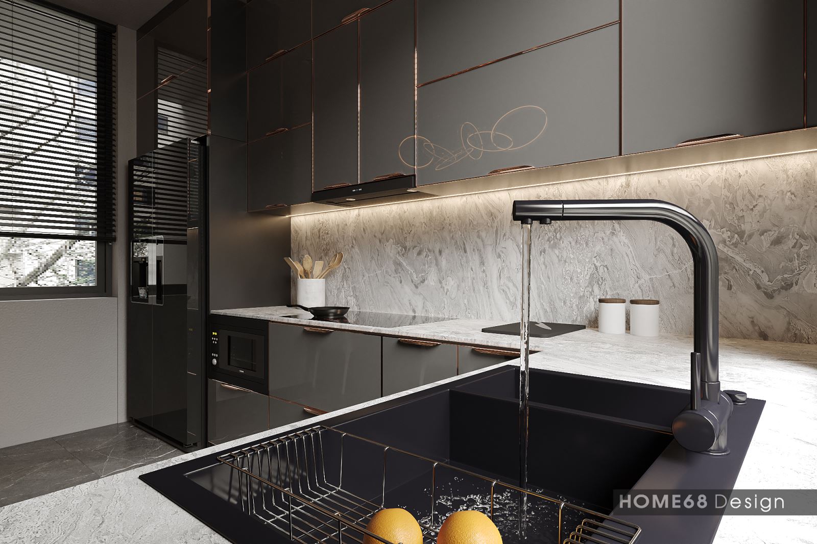 Hệ tủ bếp cao cấp với chất liệu khung thùng inox 304 sơn tĩnh điện, cánh kính cường lực