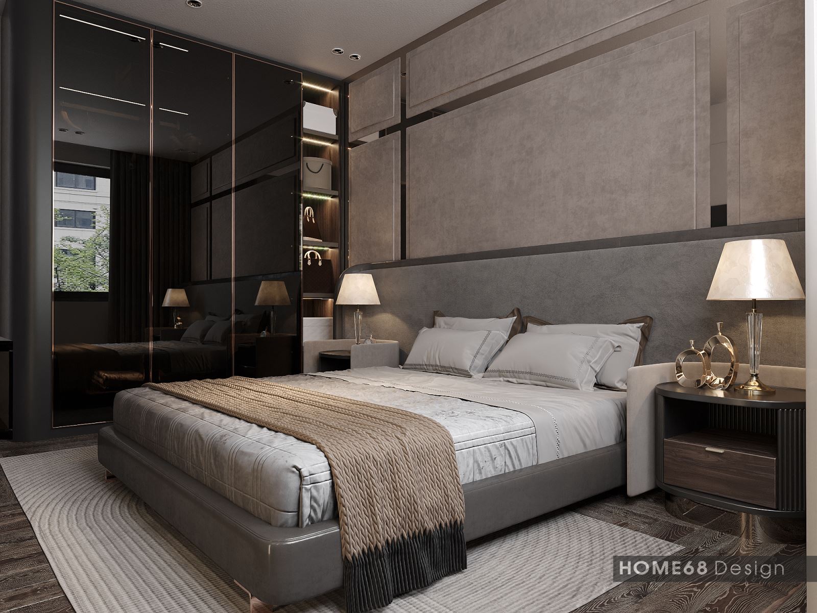 Tủ áo cánh kính cường lực nhập khẩu cao cấp, vách và kệ TV gỗ MDF phủ sơn men 