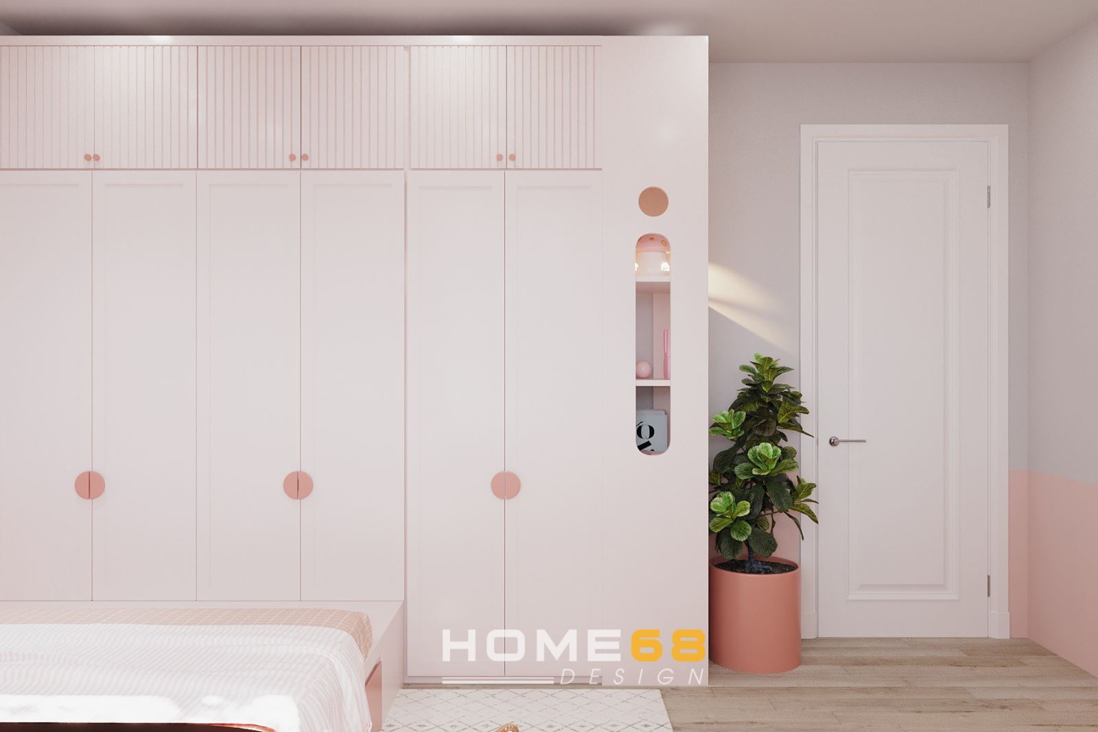 Phòng ngủ bé gái với tủ quần áo lớn gam màu hồng xinh xắn, dễ thương- HOME68