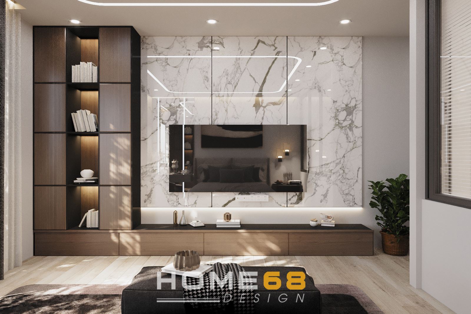 Phòng ngủ master với kệ tivi đơn giản nhưng hiện đại, tinh tế vô cùng- HOME68