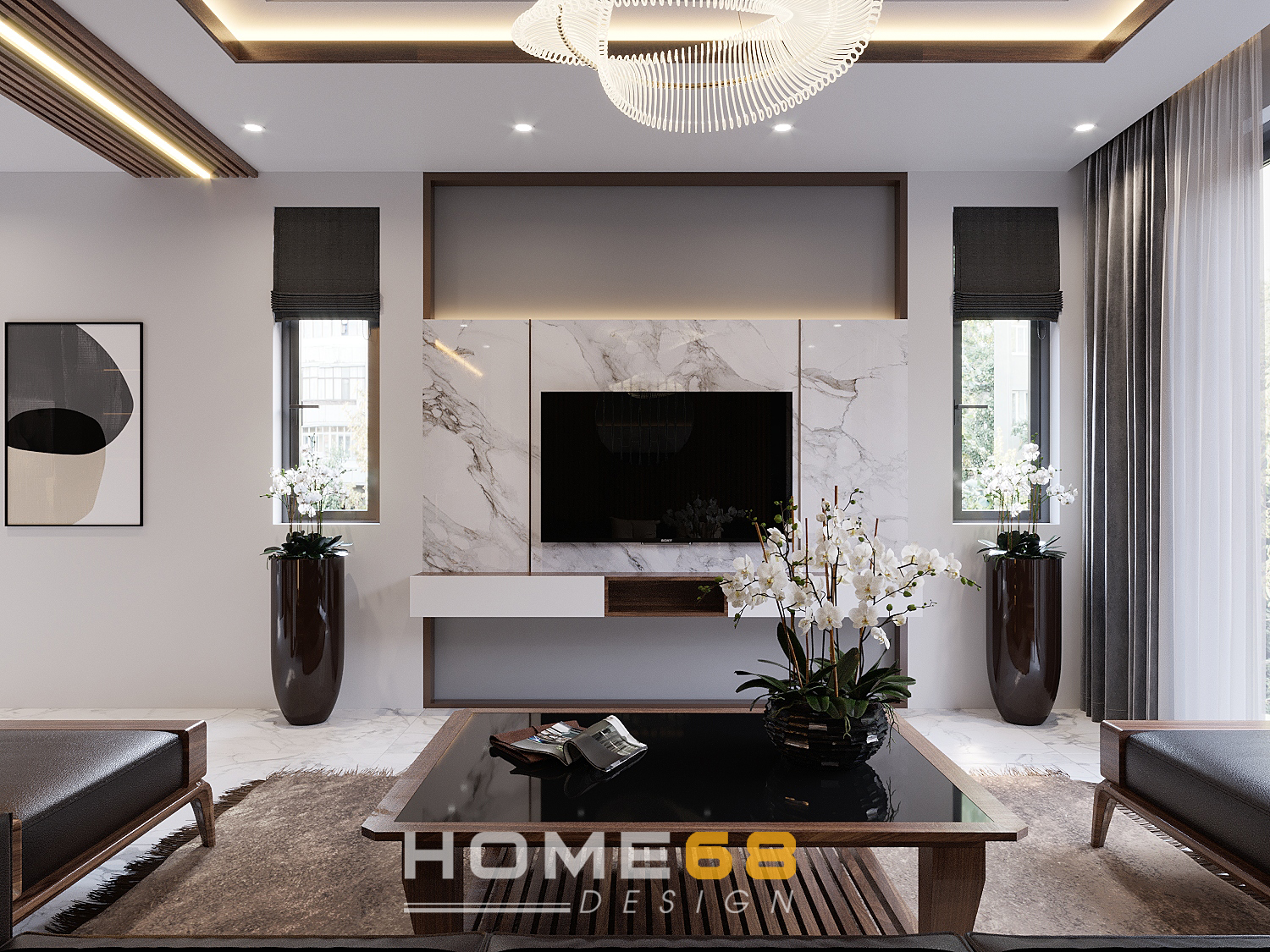 Phòng khách với nội thất gỗ óc chó hiện đại, tinh tế