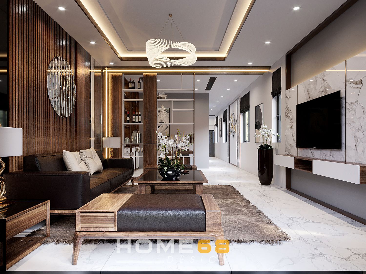Thiết kế nội thất phòng khách đồng gia đẳng cấp, sang trọng tại HOME68