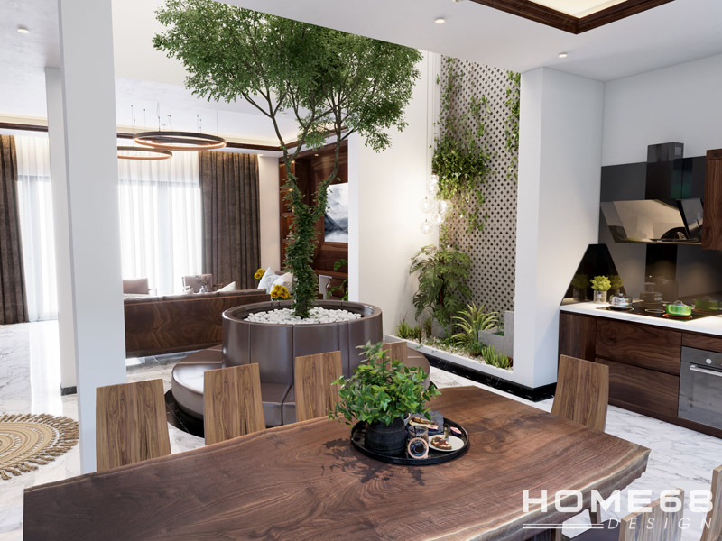 Thiết kế nội thất bếp gỗ óc chó hiện đại, tiện nghi