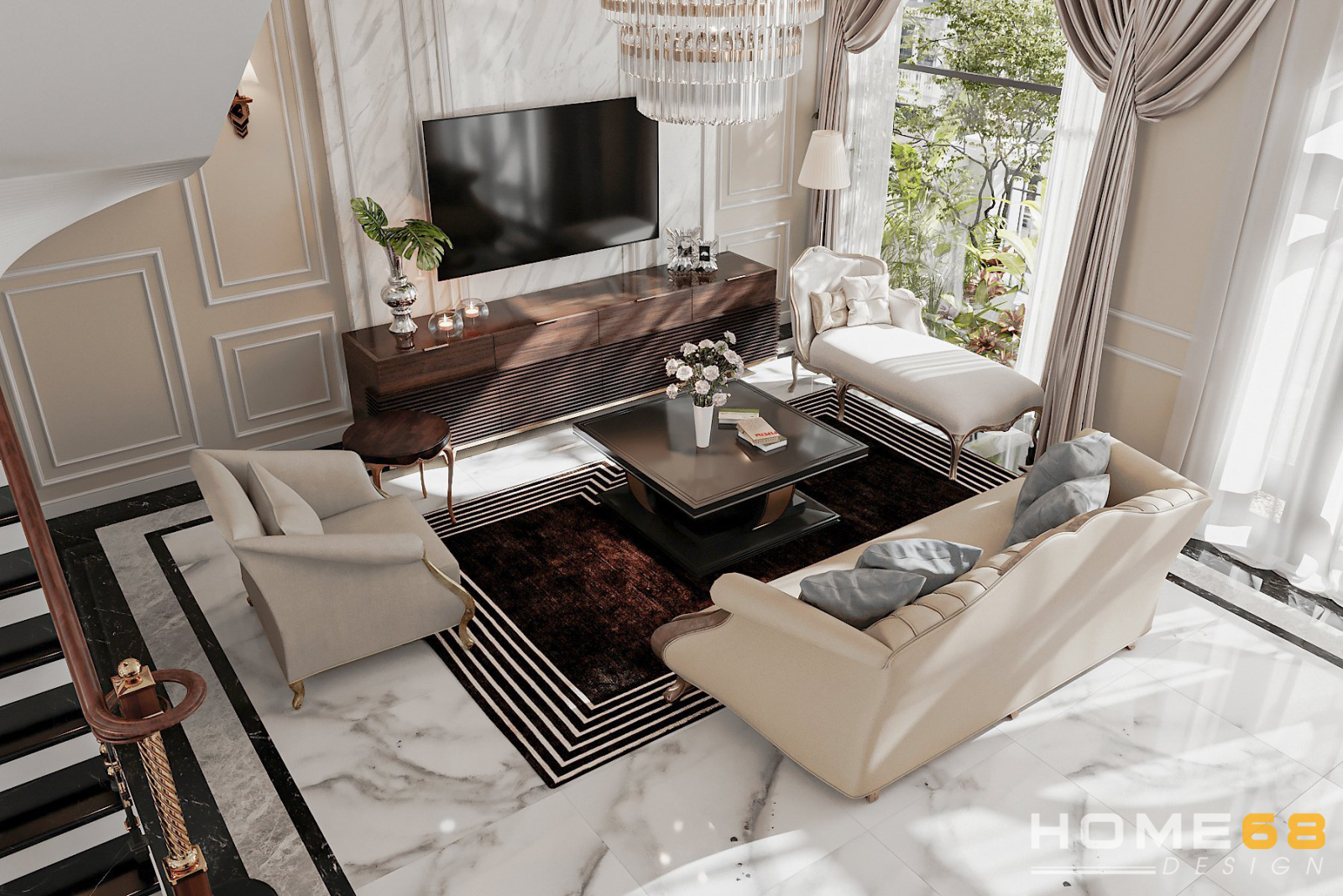 Thiết kế nội thất phòng khách cho biệt thự tân cổ điển tại Vinhomes Marina Hải Phòng