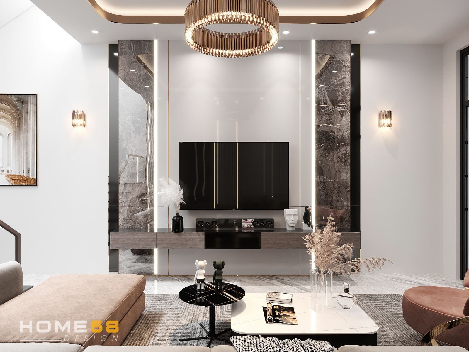 Thiết kế nội thất phòng khách nhà phố tân cổ điển độc đáo, sang trọng- HOME68
