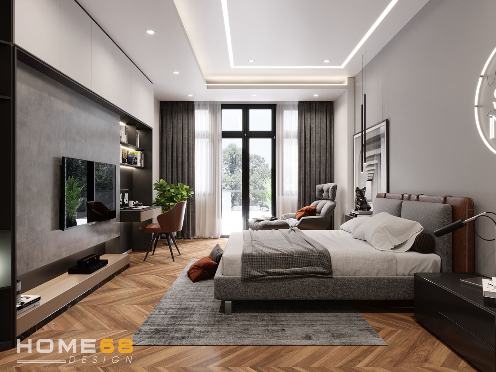 Phòng ngủ được HOME68 thiết kế với cửa kính lớn vô cùng thông thoáng và thoải mái