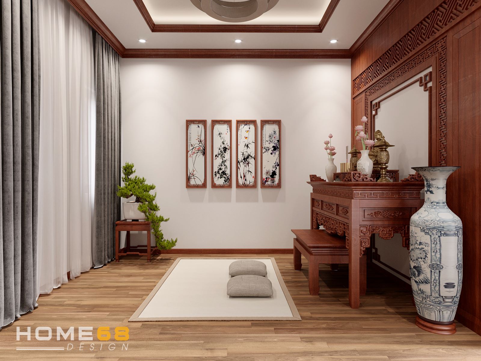 Phòng thờ được HOME68 thiết kế với vẻ đẹp đơn giản nhưng linh thiêng, tinh tế vô cùng