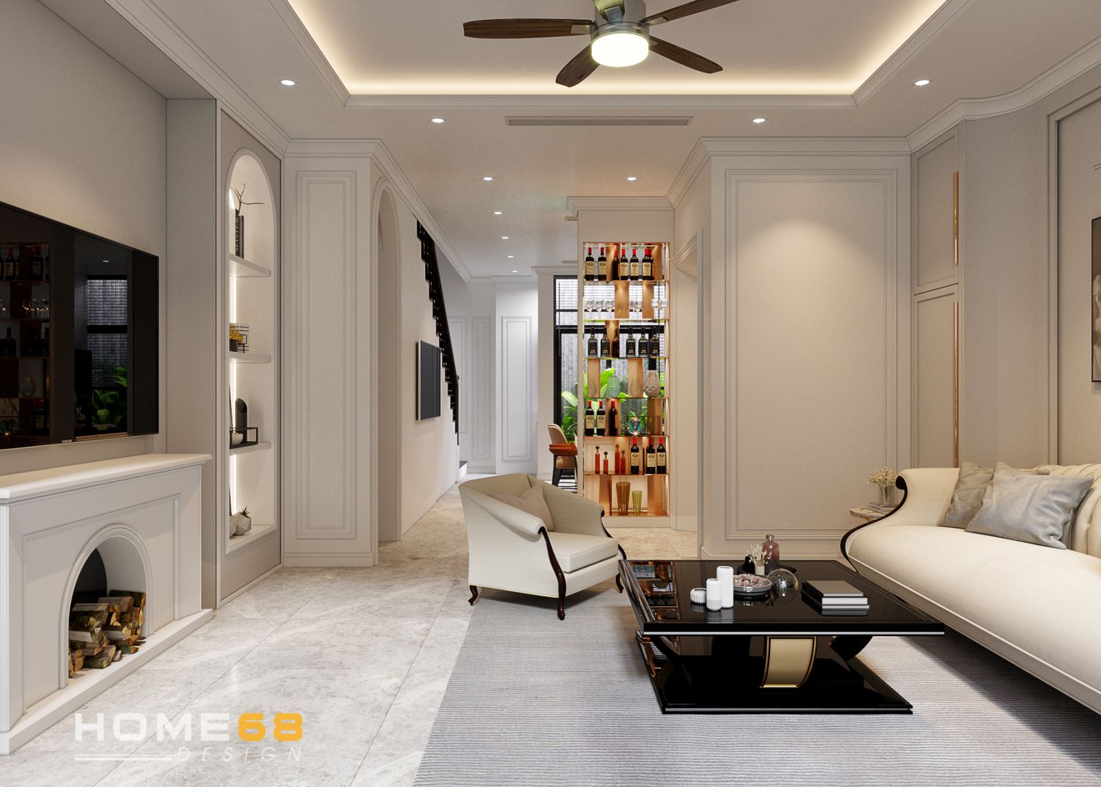 Mẫu thiết kế nội thất phòng khách tân cổ điển sang trọng, đẳng cấp- HOME68