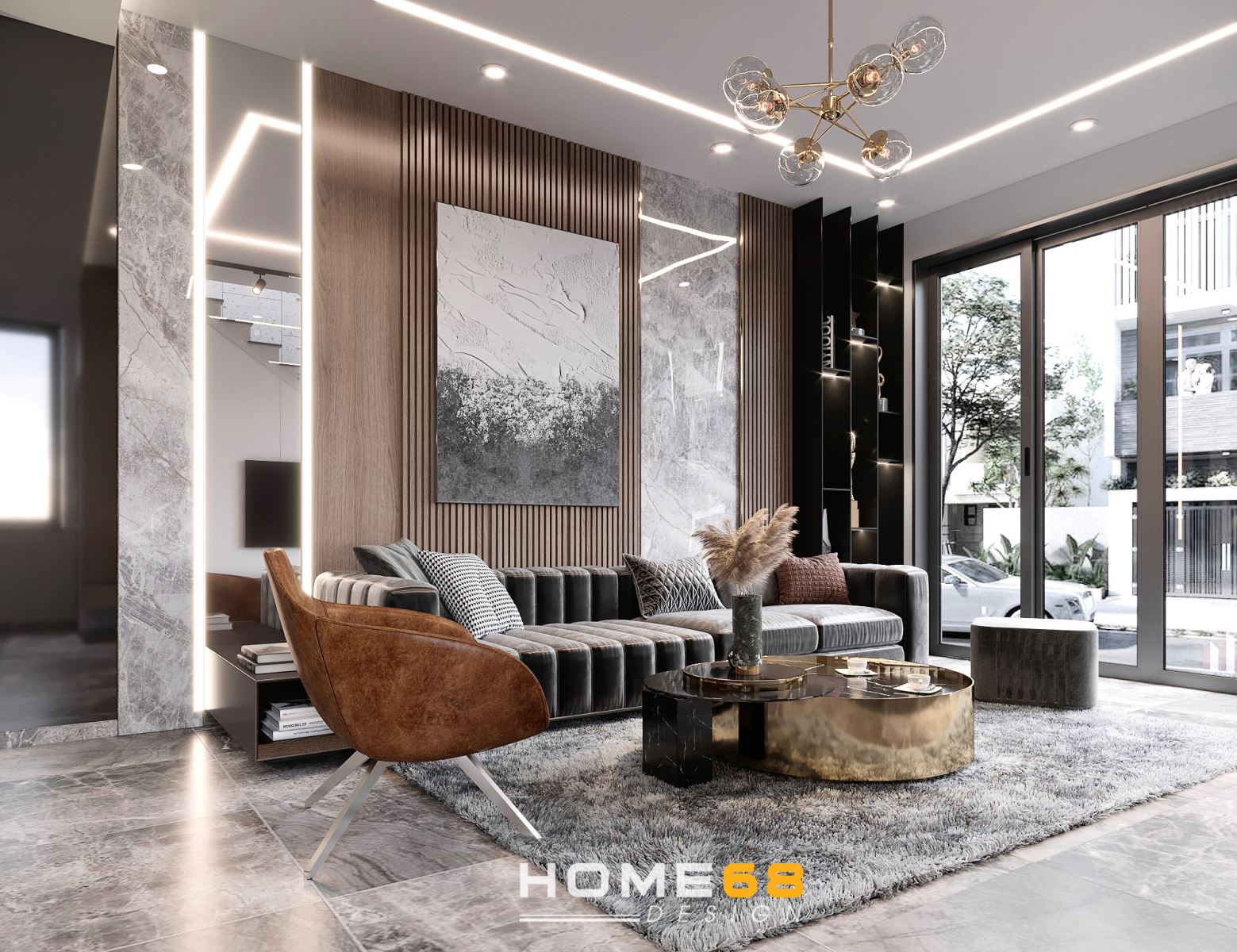 Phòng khách với tone màu xám hiện đại, thanh lịch- HOME68