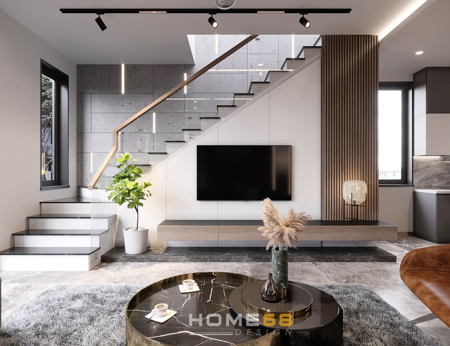Thiết kế nội thất phòng khách liền bếp hiện đại- HOME68