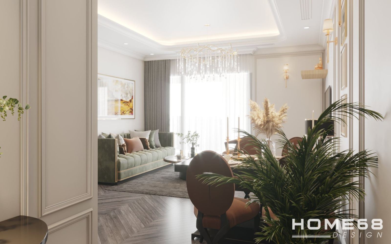 Thiết kế nội thất phòng khách liền bếp tân cổ điển sang trọng- HOME68