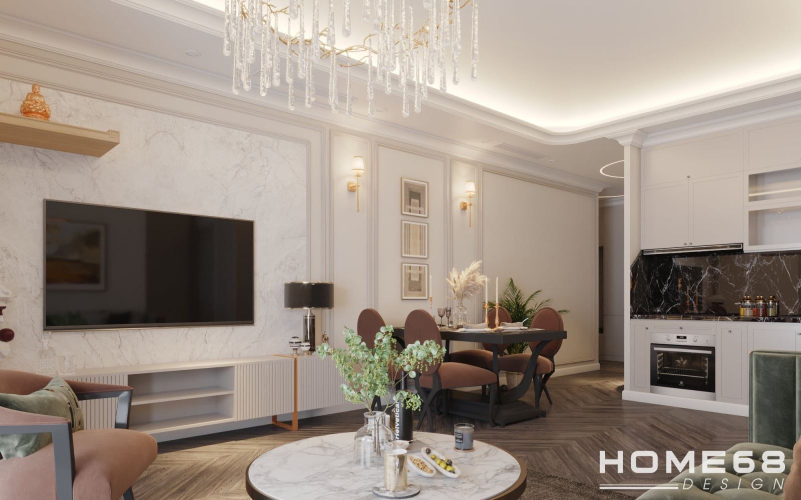 Phòng khách với lối thiết kế tân cổ điển tinh tế, thanh lịch- HOME68