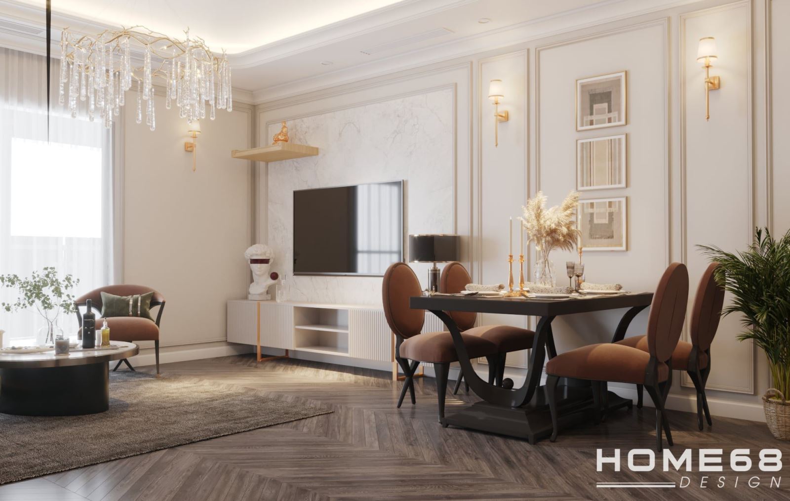 Mẫu thiết kế nội thất phòng khách liền bếp tân cổ điển sang trọng, đẳng cấp tại Hải Phòng