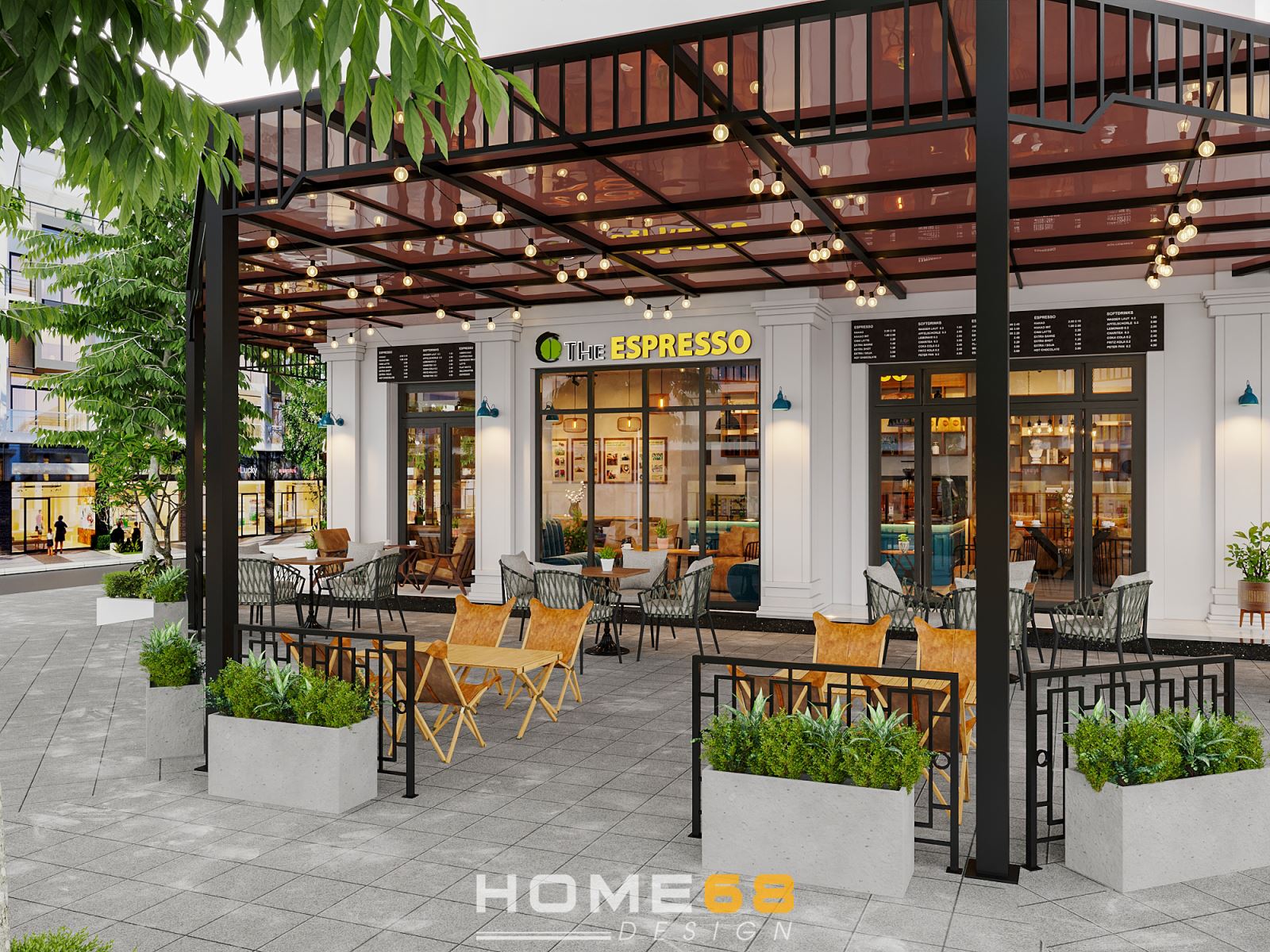 Không gian bên ngoài quán cafe hiện đại, thoáng mát