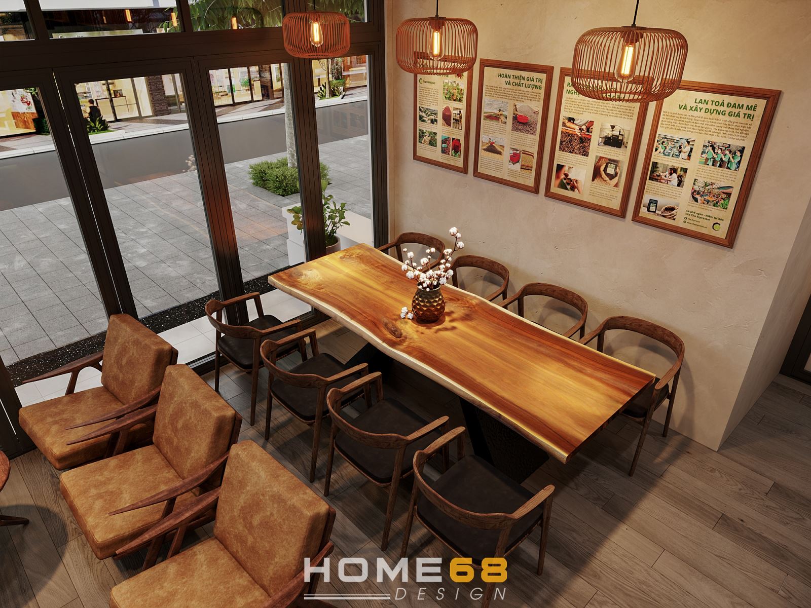 HOME68 luôn khéo léo tận dụng từng góc tường để mang đến những nét thụ vị cho thiết kế quán cafe đẹp