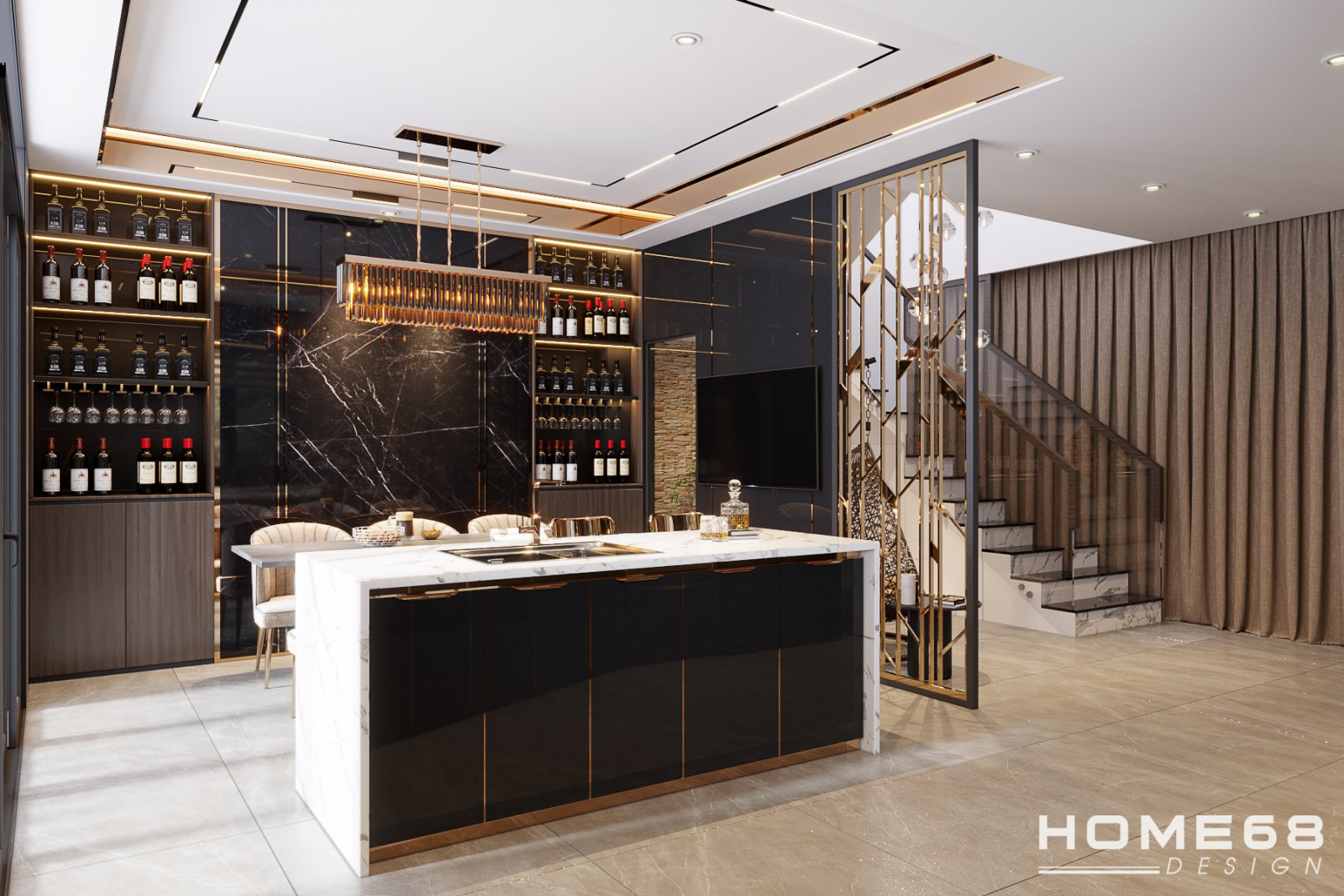 Căn bếp với bàn đảo lớn sang trọng, tinh tế vô cùng- HOME68