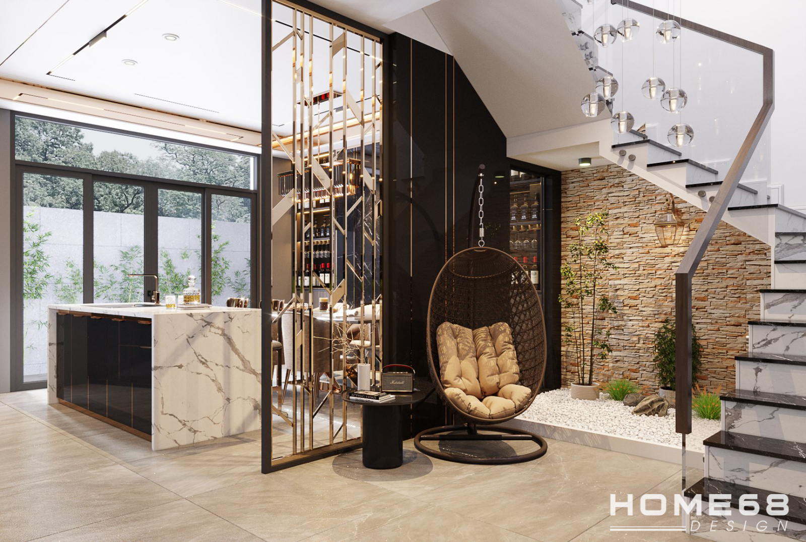 Bếp và cầu thang được ngăn cách bởi tấm ngăn gỗ tinh tế, thanh lịch- HOME68