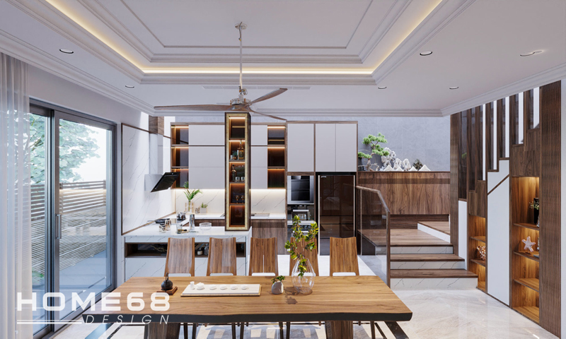 Thiết kế nội thất bếp hiện đại với nội thất gỗ óc chó- HOME68