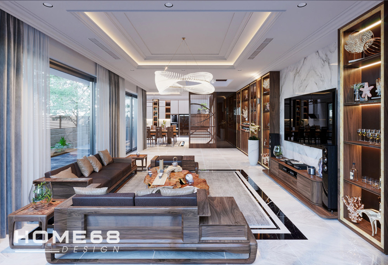 Thiết kế nội thất phòng khách gỗ óc chó hiện đại, tinh tế- HOME68