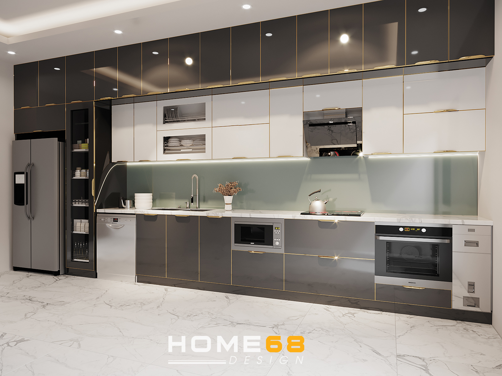 Tủ bếp cánh hợp kim nhôm,mặt kính cường lực thiết kế sang trọng, hiện đại tại HOME68