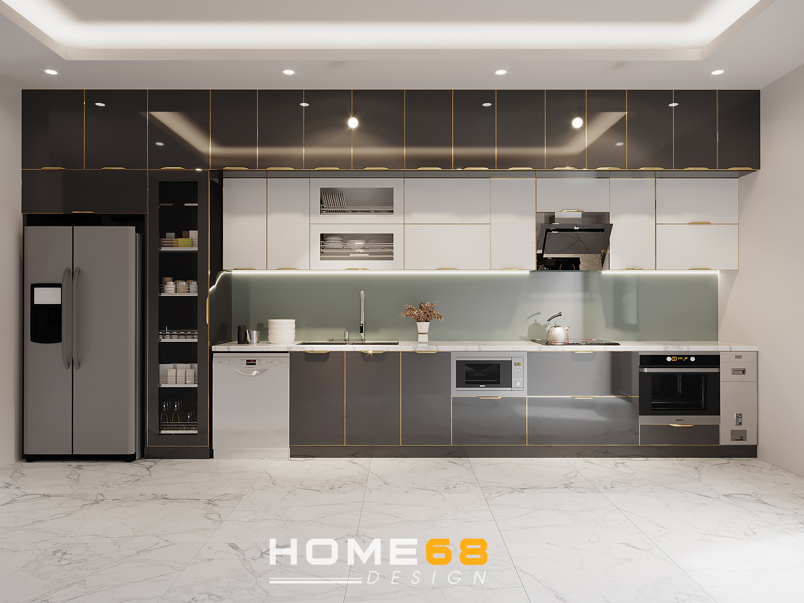 Tủ bếp cánh hợp kim nhôm,mặt kính cường lực dự án thực hiện bởi HOME68