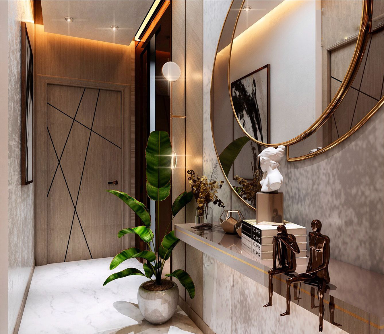Sử dụng gương trang trí sẽ giúp hành lang thêm hiện đại và sang trọng hơn rất nhiều- HOME68
