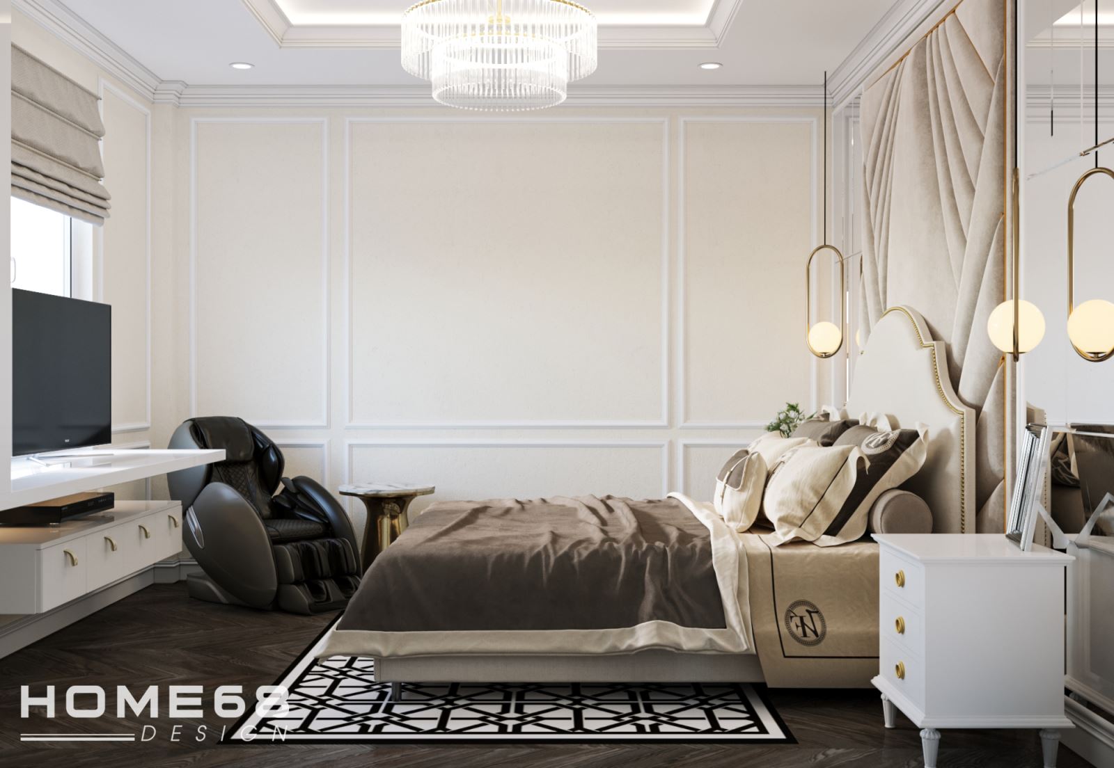 Tivi và ghế massage cũng được thiết kế tinh tế tạo ra một không gian nghỉ ngơi tiện nghi cho gia chủ