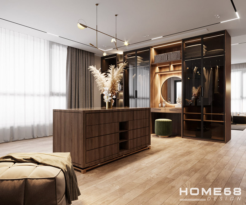 Thiết kế nội thất phòng ngủ hiện đại với phòng thay đồ đẳng cấp