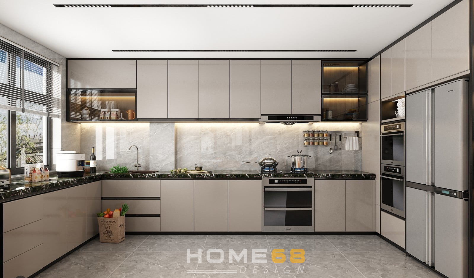 Mẫu tủ bếp Acrylic đơn sắc, tone màu be đa dạng lựa chọn- HOME68