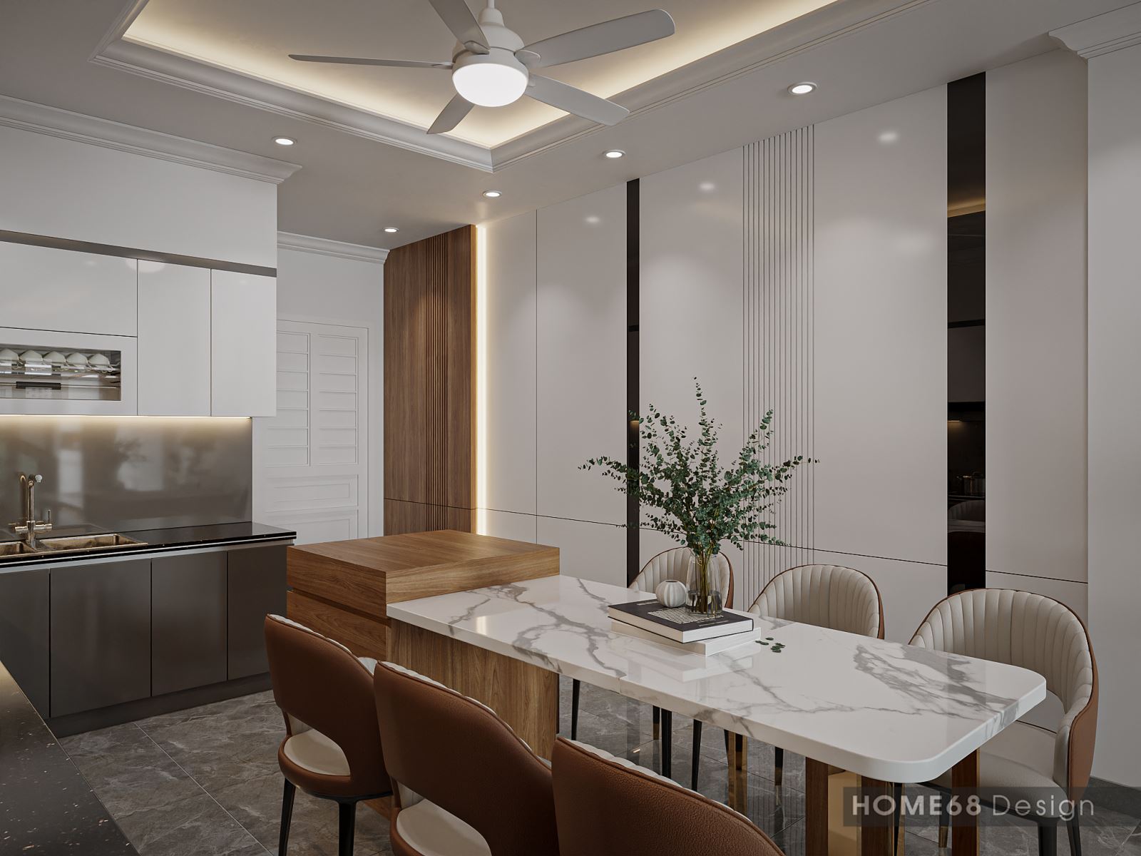 Tủ bếp thiết kế hiện đại với hệ thống phụ kiện và thiết bị đi kèm do HOME68 là nhà phân phối