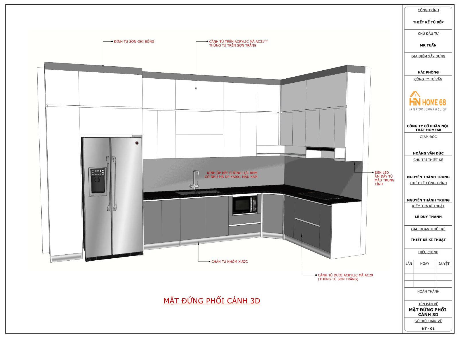 Chất liệu sử dụng làm tủ bếp là nhựa Picomat thùng sơn men,cánh phủ Acrylic