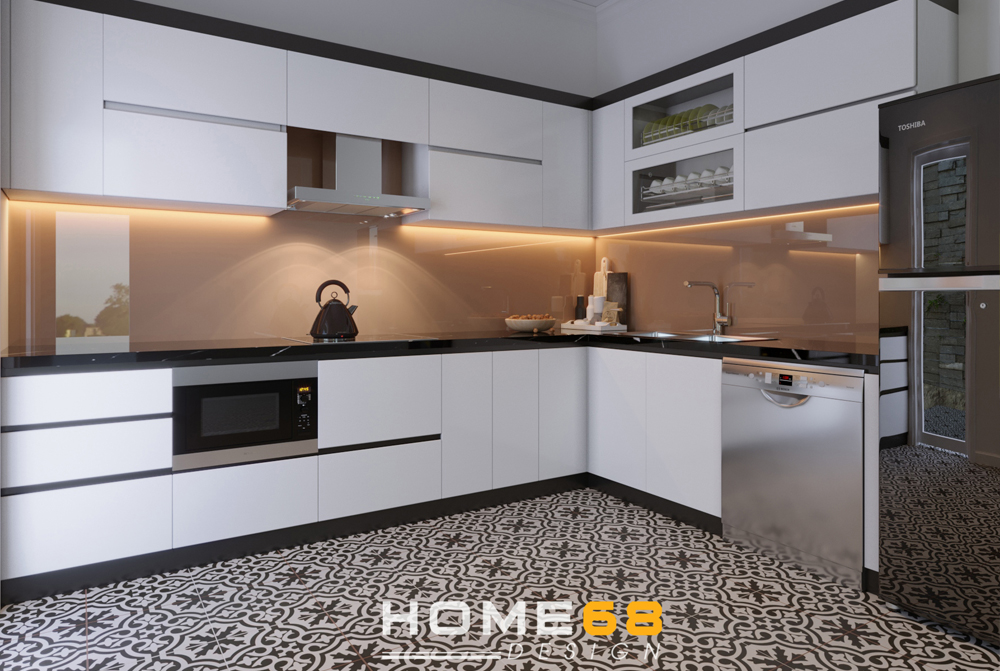 Tủ bếp cánh hợp kim nhôm,mặt kính cường lực nhà chị Mai- Thiết kế bởi HOME68