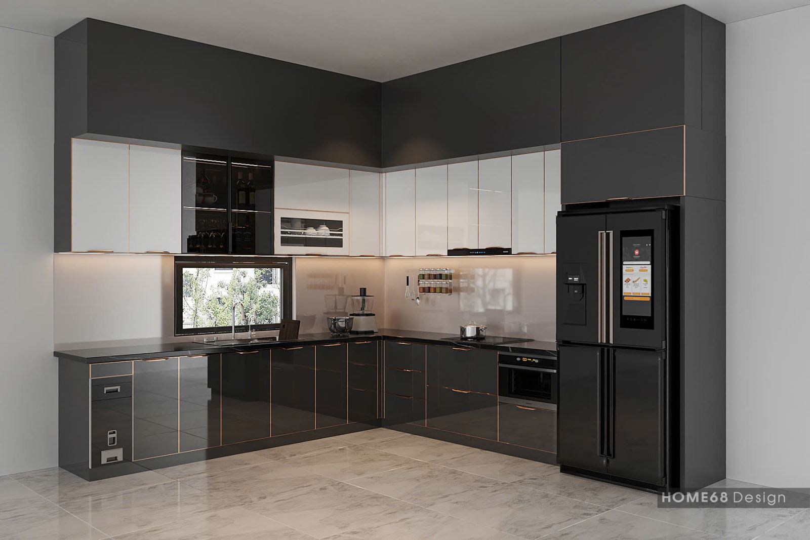 Tủ bếp inox 304 cánh kính cường lực tại Hải Dương