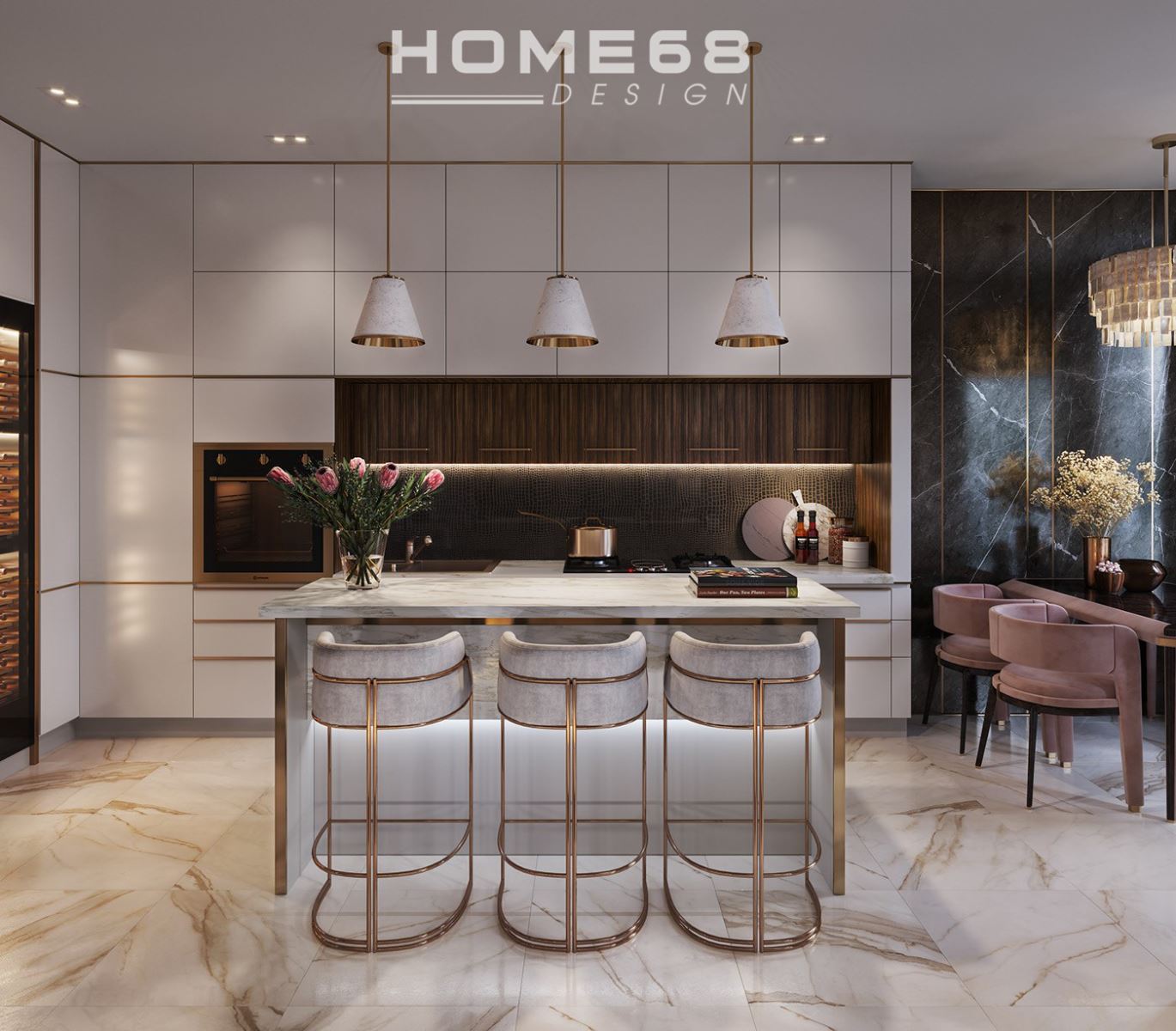 Mẫu tủ bếp cánh kinh cao cấp, sang trọng thiết kế bởi HOME68