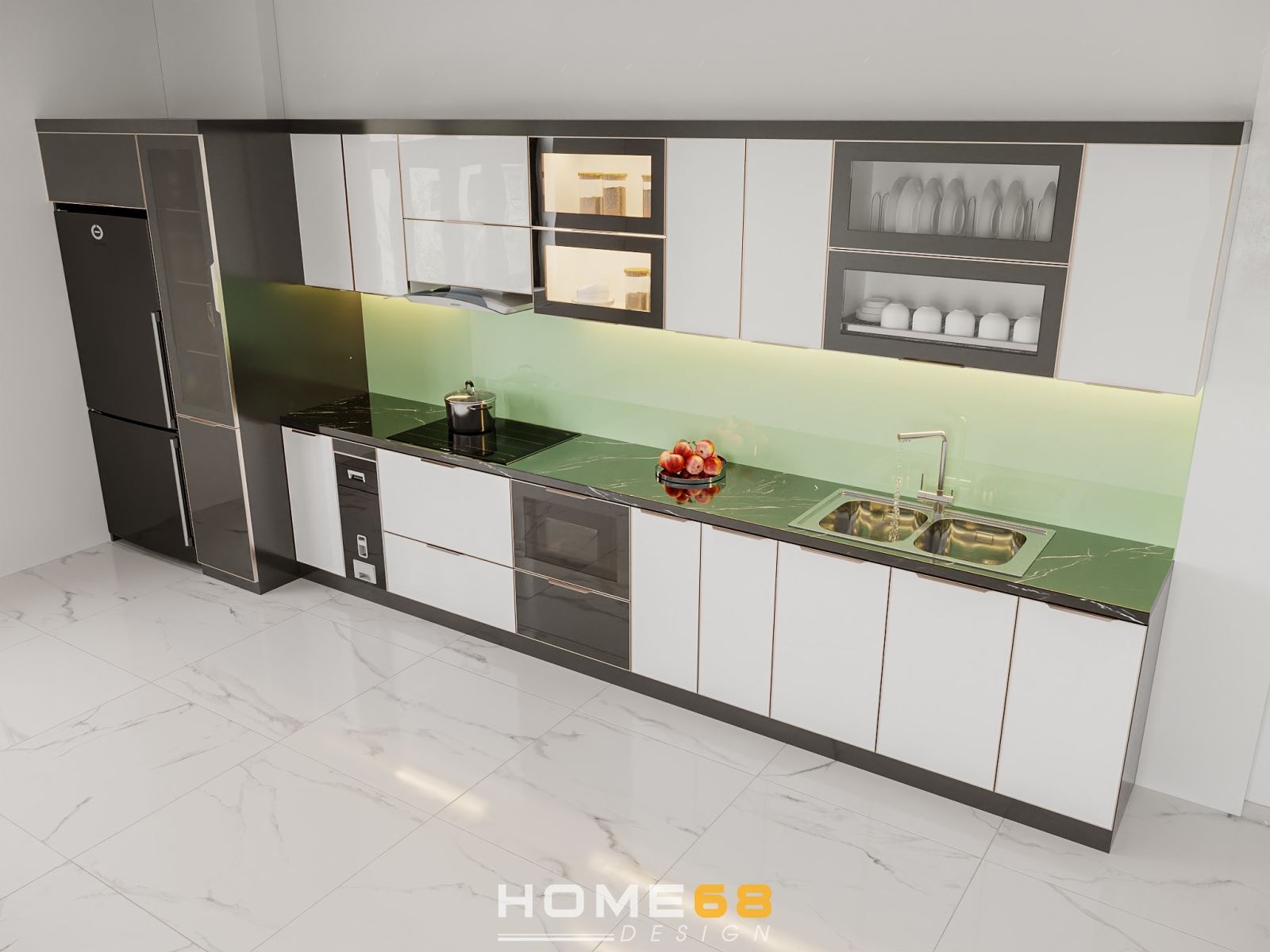 Tủ bếp cánh kính cường lực phủ nhũ nhà chú Hùng tại Phủ Thượng Đoạn, Hải Phòng