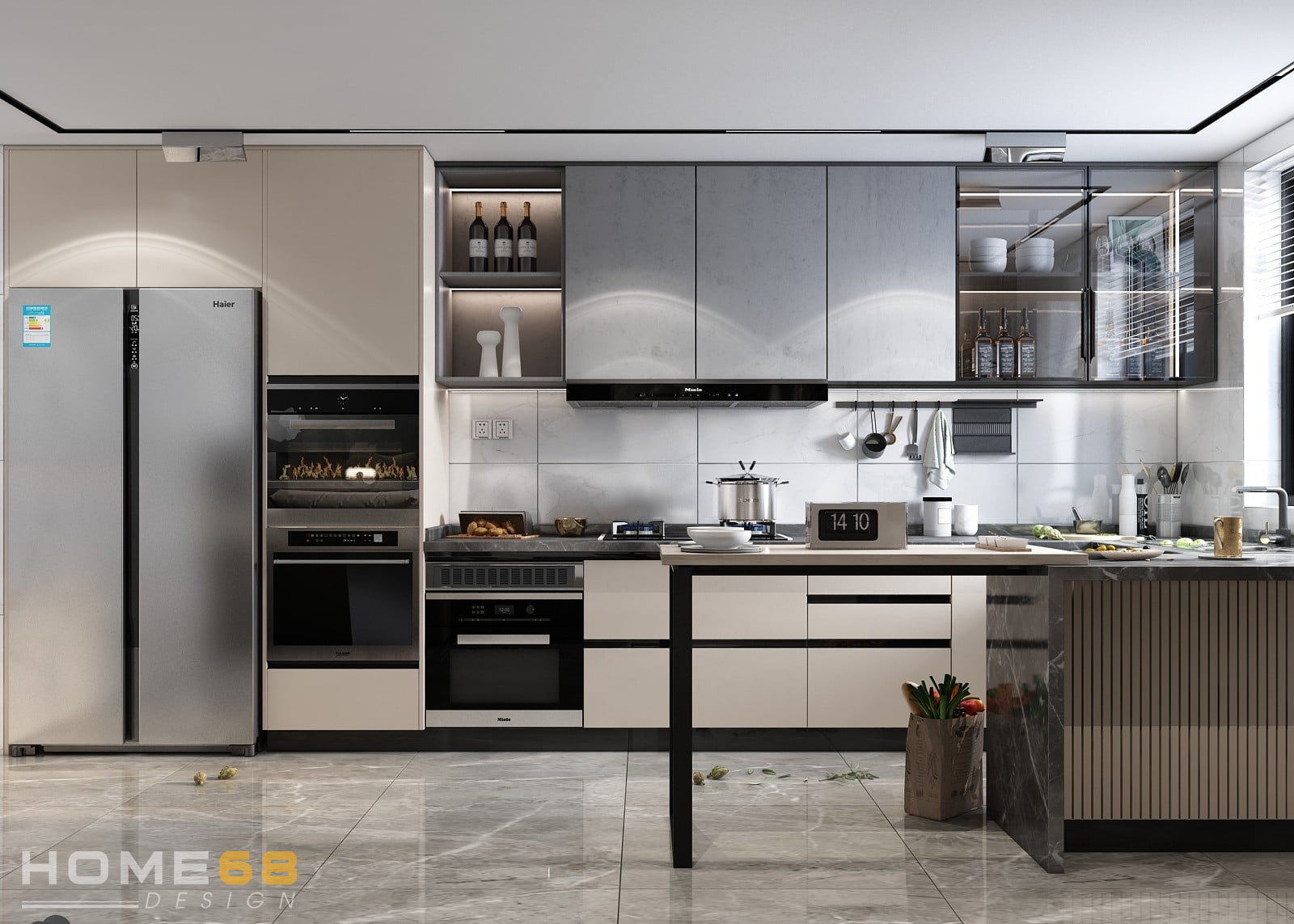 Mẫu tủ bếp Laminate với bàn đảo sang trọng, tiện nghi- HOME68