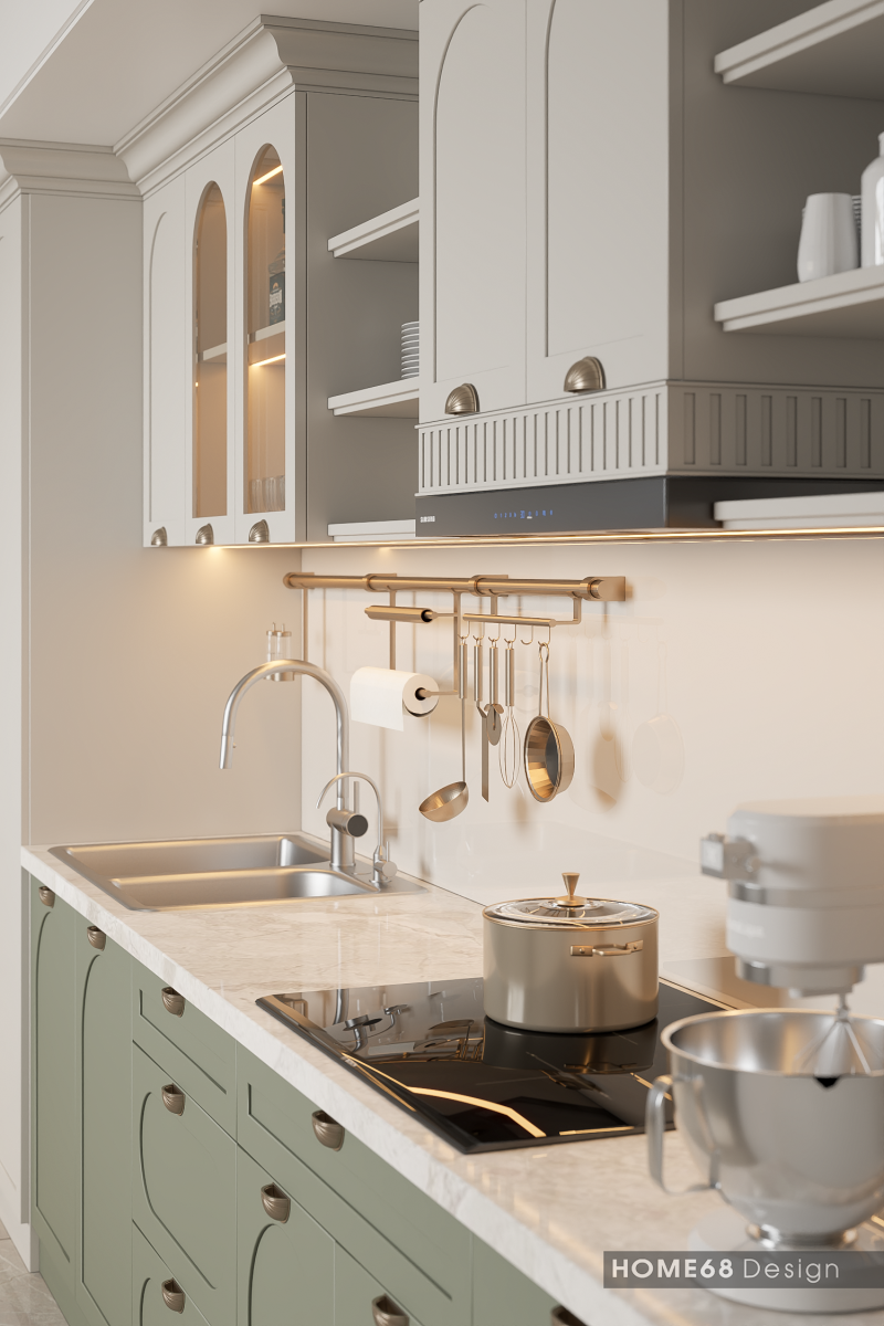 Tủ bếp Tân cổ nhựa Picomat phủ sơn Inchem tại Vũ Yên, Hải Phòng - CĐT Chị Hằng